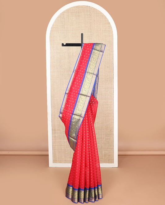 Red floral motifs silk cotton saree with contrast zari design border & floral design pallu