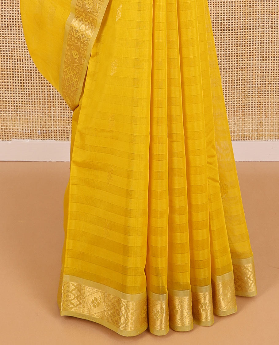 mustard striped, floral motifs silk cotton saree with self zari border & floral vine design pallu