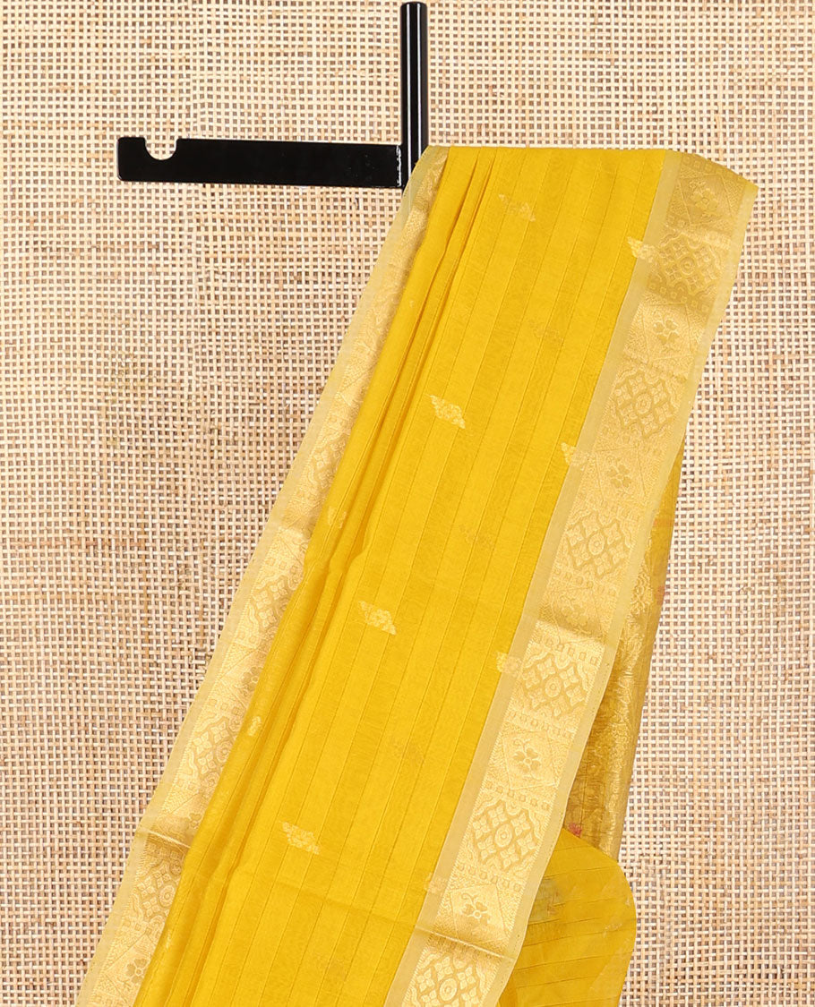 mustard striped, floral motifs silk cotton saree with self zari border & floral vine design pallu