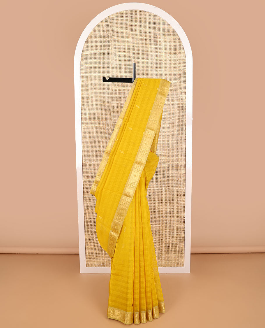 mustard striped, floral motifs silk cotton saree with self zari border & floral vine design pallu