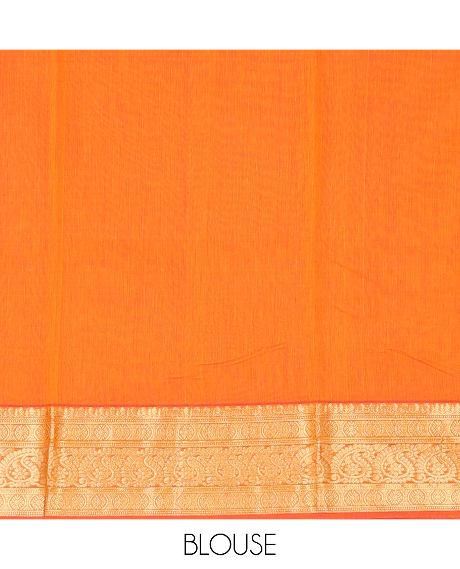Orange zari buttas silk cotton saree, contrast traditional zari border, and jaal pallu