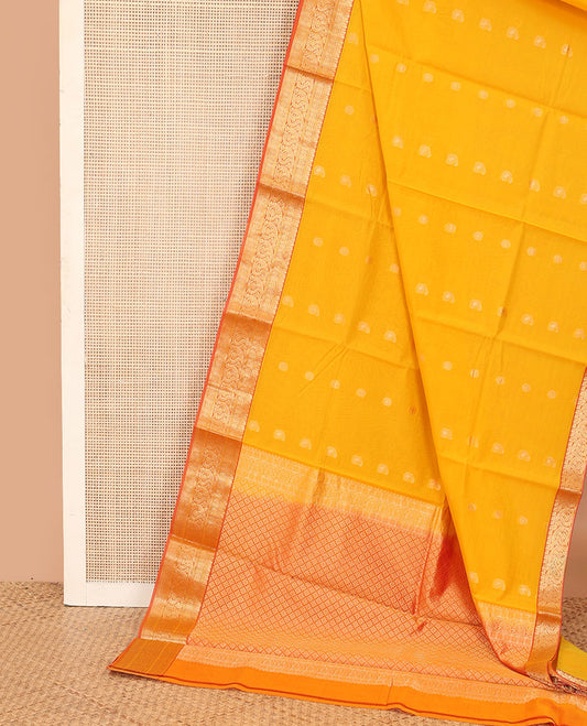 Orange zari buttas silk cotton saree, contrast traditional zari border, and jaal pallu