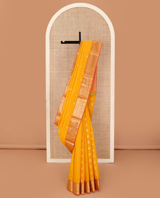 Orange zari buttas silk cotton saree, contrast traditional zari border, and jaal pallu