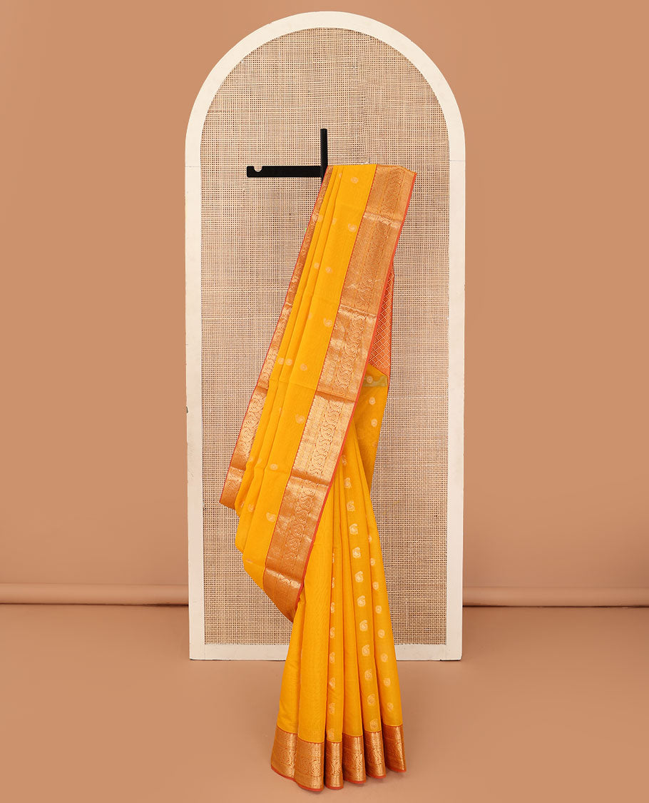 Orange zari buttas silk cotton saree, contrast traditional zari border, and jaal pallu