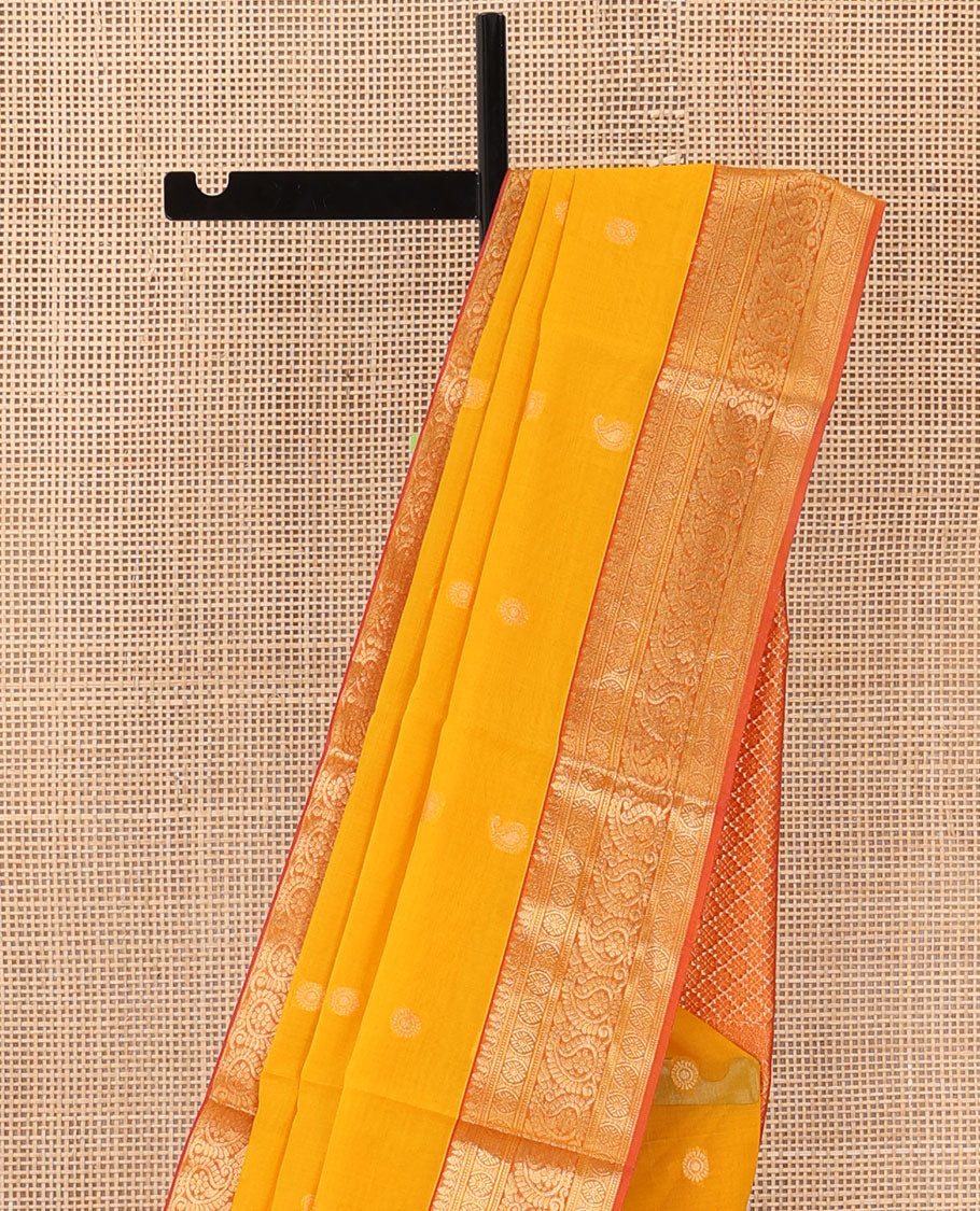 Orange zari buttas silk cotton saree, contrast traditional zari border, and jaal pallu