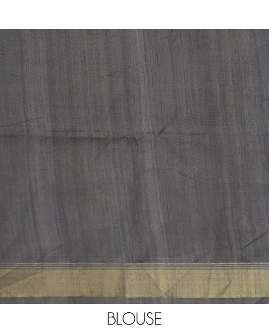 Brown plain tussar silk saree, contrast zari border, and pallu printed with ancient purana-inspired motifs
