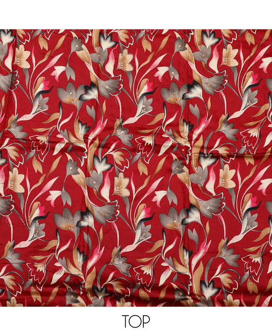 Red material chudidar set, abstract floral print with French knot work top, plain bottom, and dupatta of checks and floral print