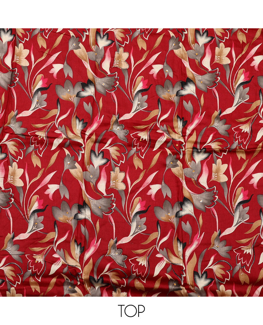 Red material chudidar set, abstract floral print with French knot work top, plain bottom, and dupatta of checks and floral print