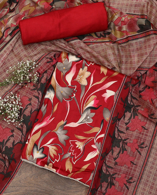 Red material chudidar set, abstract floral print with French knot work top, plain bottom, and dupatta of checks and floral print