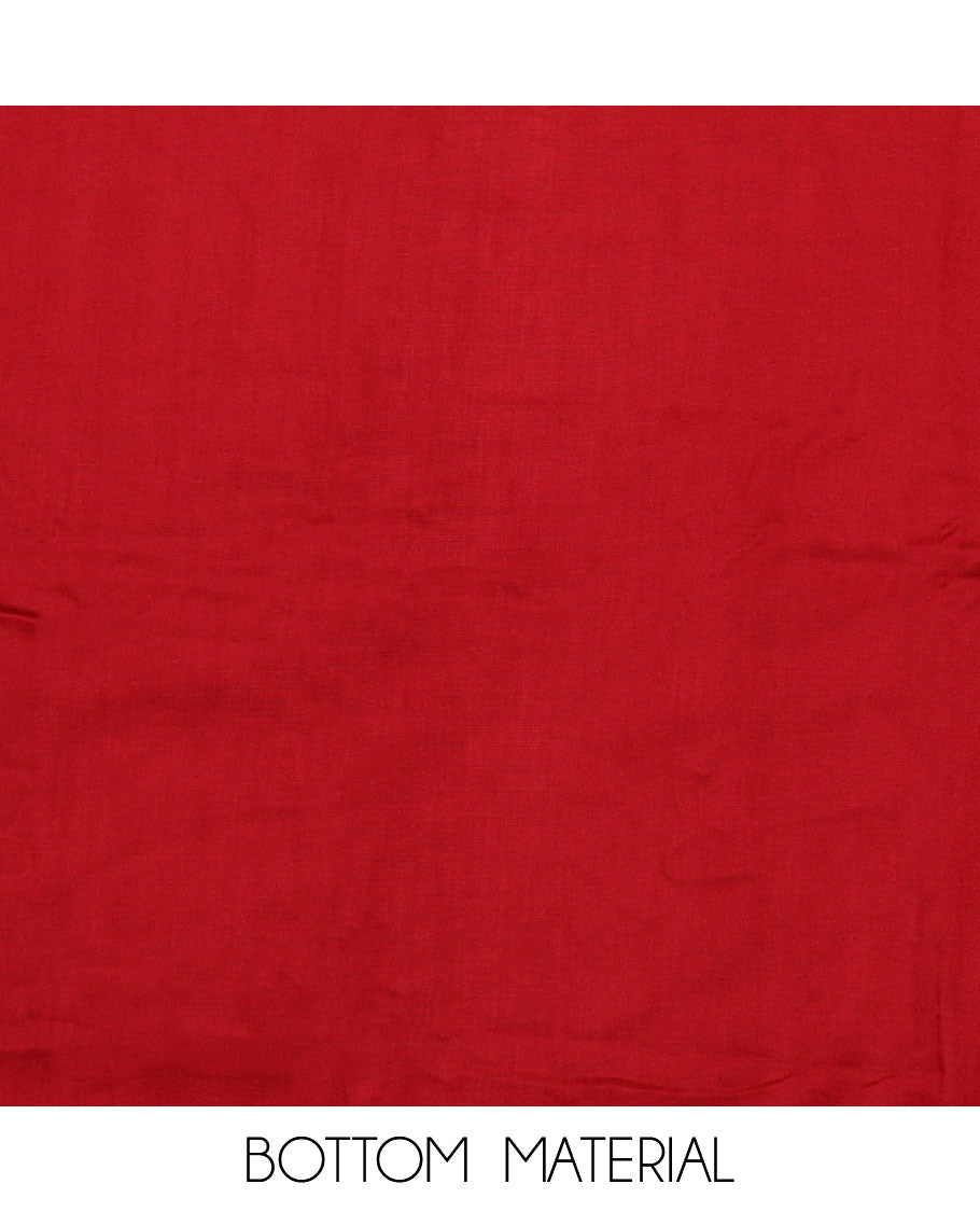 Red material chudidar set, abstract floral print with French knot work top, plain bottom, and dupatta of checks and floral print