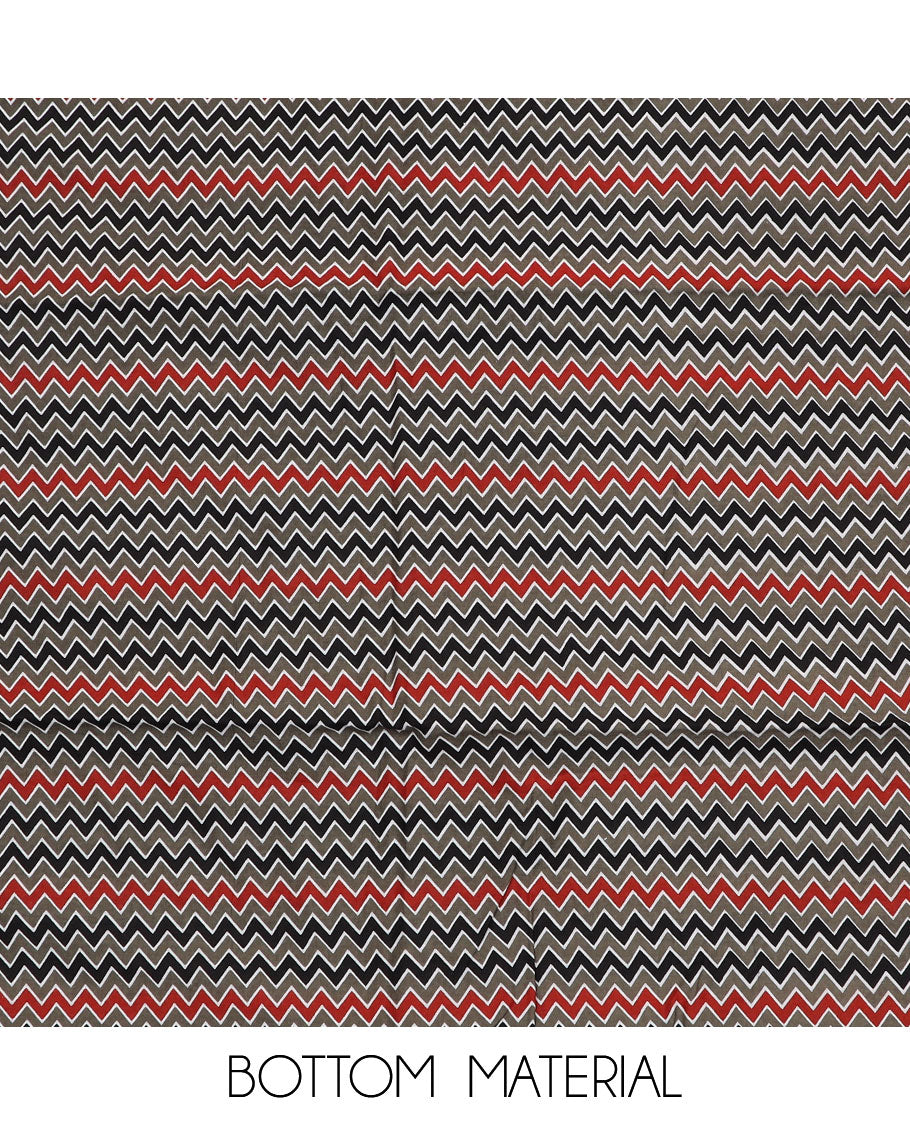 Black material chudidar set, floral vine print with neck embroidery top, chevron printed bottom, and chevron printed dupatta