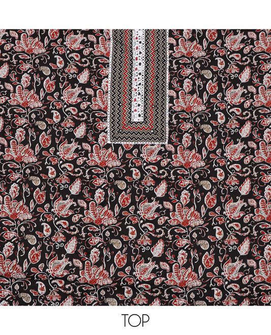 Black material chudidar set, floral vine print with neck embroidery top, chevron printed bottom, and chevron printed dupatta