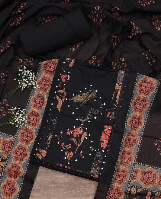 Black material chudidar set, neck embroidered top, plain bottom and floral and geometric printed dupatta