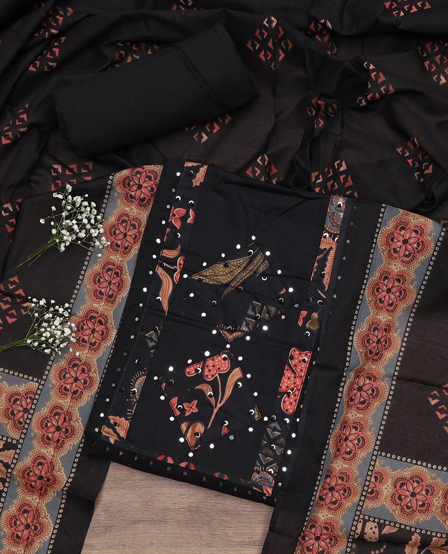 Black material chudidar set, neck embroidered top, plain bottom and floral and geometric printed dupatta
