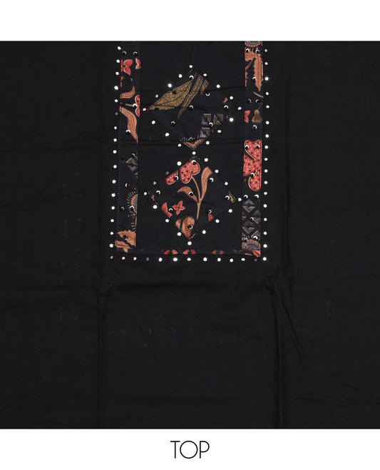 Black material chudidar set, neck embroidered top, plain bottom and floral and geometric printed dupatta