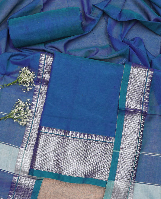 Blue checked, temple design chudidhar material top with plain bottom & plain, zari design border dupatta