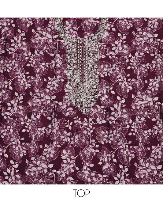 Maroon material chudidar set, floral print with neck embroidered top, plain bottom and printed duppata of flower buttas