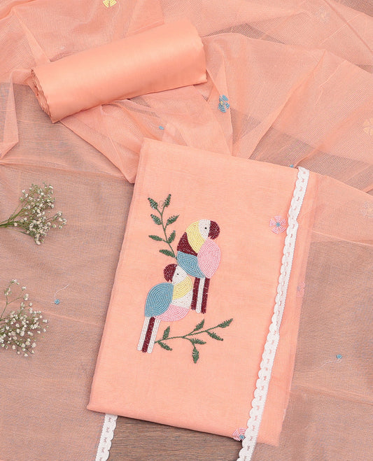 Orange Cotton Material Churidar Set, Masterfully Woven with Macaw Bird Sugar Bead-Embroidered Top, Matching Bottom, and Sugar Bead-Embroidered Kota Dupatta