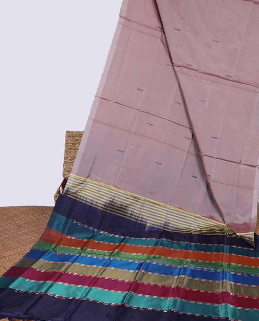 Borderless brown floral motifs  banana pith saree & multi-colored stripes  pallu