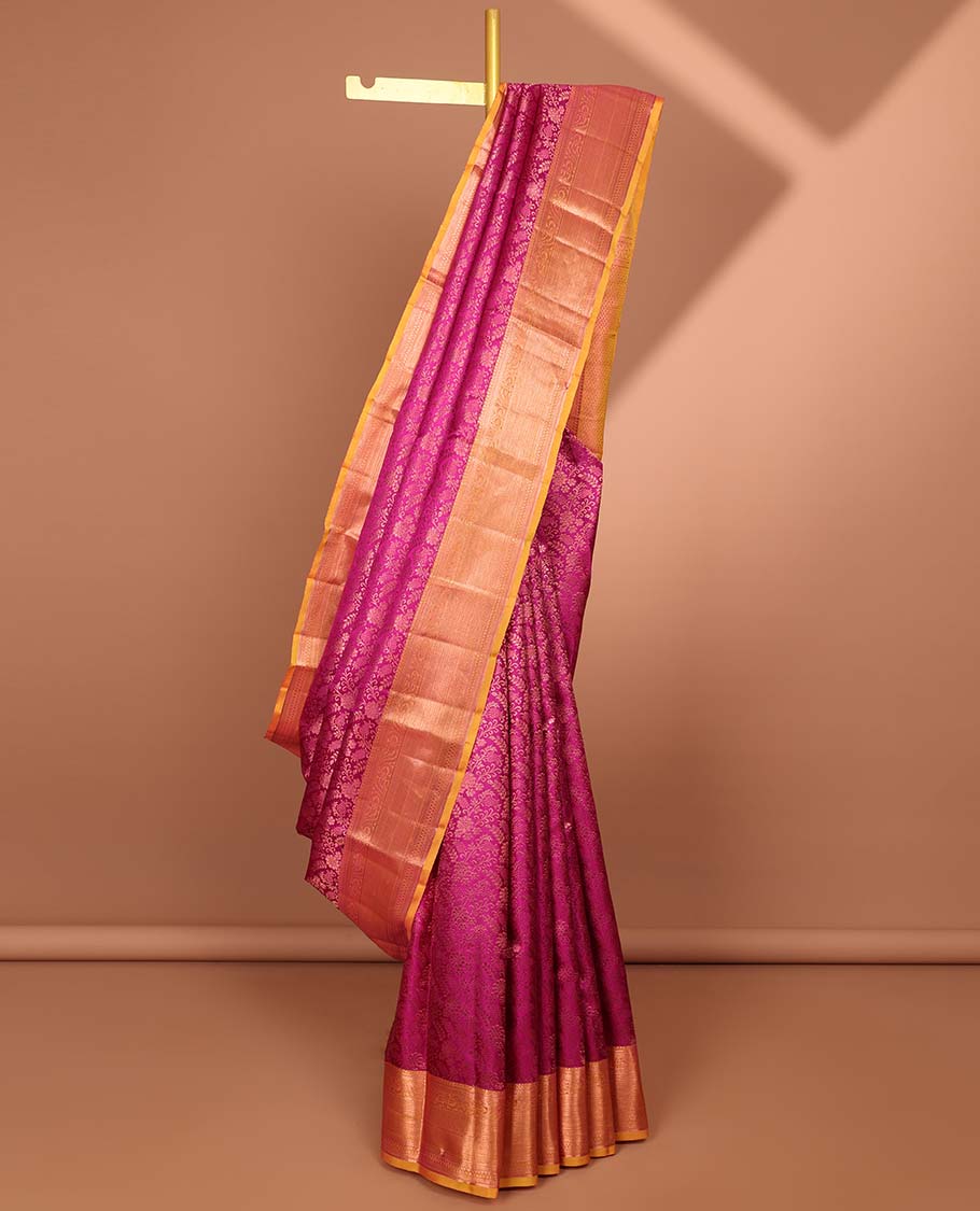 Pink floral jacquard kancheepuram silk saree with contrast checked zari border & intricate zari design pallu