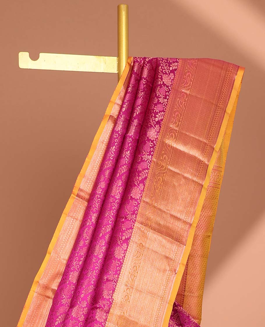 Pink floral jacquard kancheepuram silk saree with contrast checked zari border & intricate zari design pallu