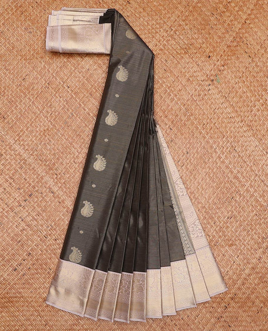Grey zari design gift saree, contrast tarditional zari design border, and pallu of big paisleys