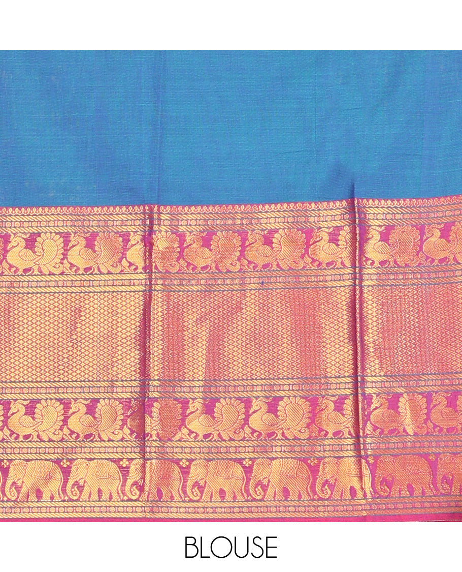 Blue cotton half-saree, plain with contrast traditional zari big bordered skirt, matching blouse, and contrast zari border dhavani
