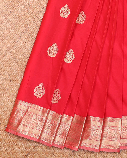Red Budget Silk Saree Subtly Sparked with Zari Buttas, Complemented by a Contrast Traditional Zari Border, Adorned with a Chevron-Striped Pallu, and Paired with a Contrast Blouse