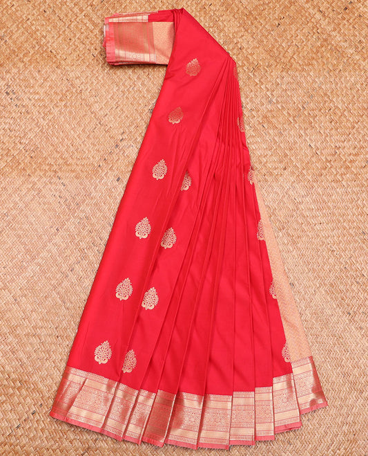 Red Budget Silk Saree Subtly Sparked with Zari Buttas, Complemented by a Contrast Traditional Zari Border, Adorned with a Chevron-Striped Pallu, and Paired with a Contrast Blouse