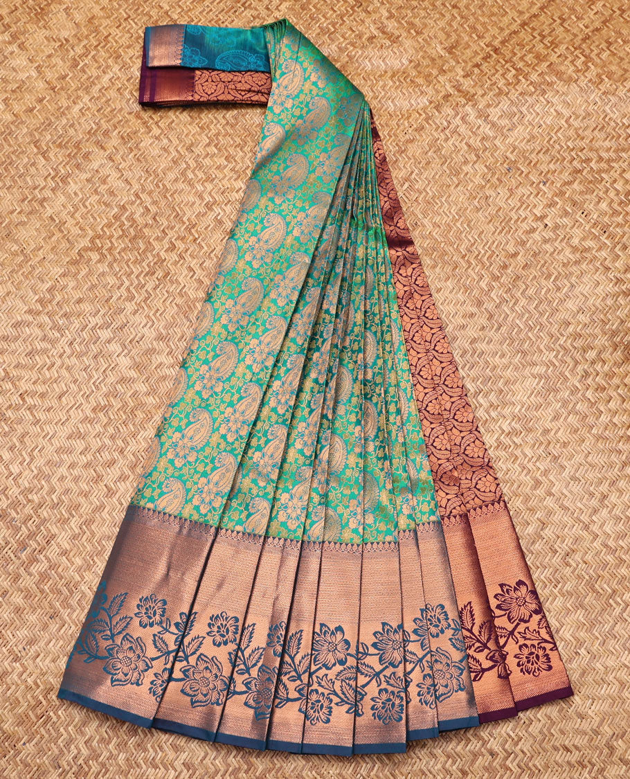 Blue Budget Silk Saree, Ornamented with Paisley Jacquard Design, Contrast Traditional Zari Border, Grand Pallu, and a Contrast Blouse