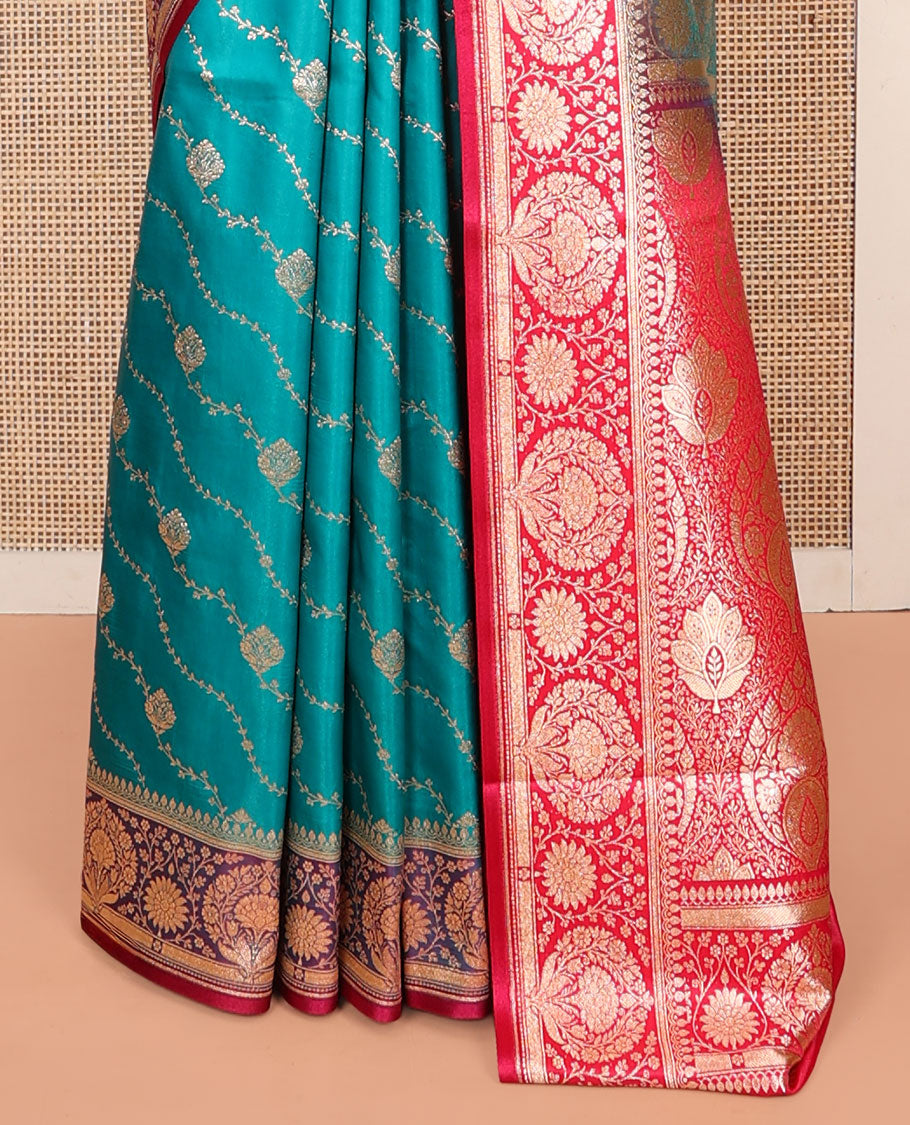 Green Banarasi Nylon Saree, Decked up with Buttas, Contrast Floral Creeper Zari Border, Intricate Pallu, and a Contrast Blouse