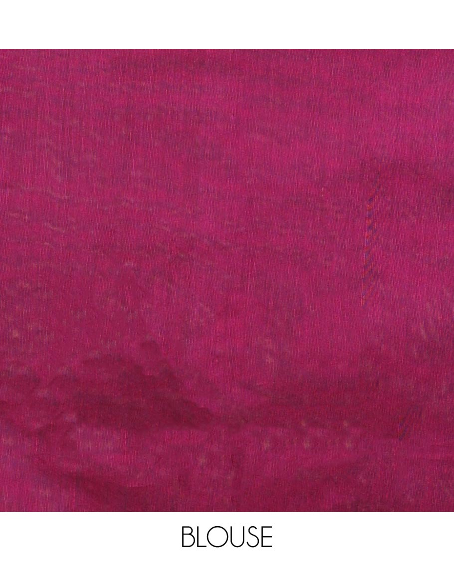 Borderless blue chakram, and temple buttas woven semi-silk cotton saree, contrast jaal pallu