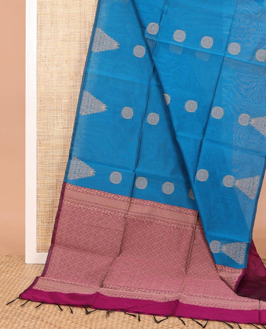 Borderless blue chakram, and temple buttas woven semi-silk cotton saree, contrast jaal pallu