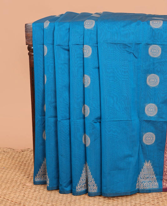 Borderless blue chakram, and temple buttas woven semi-silk cotton saree, contrast jaal pallu