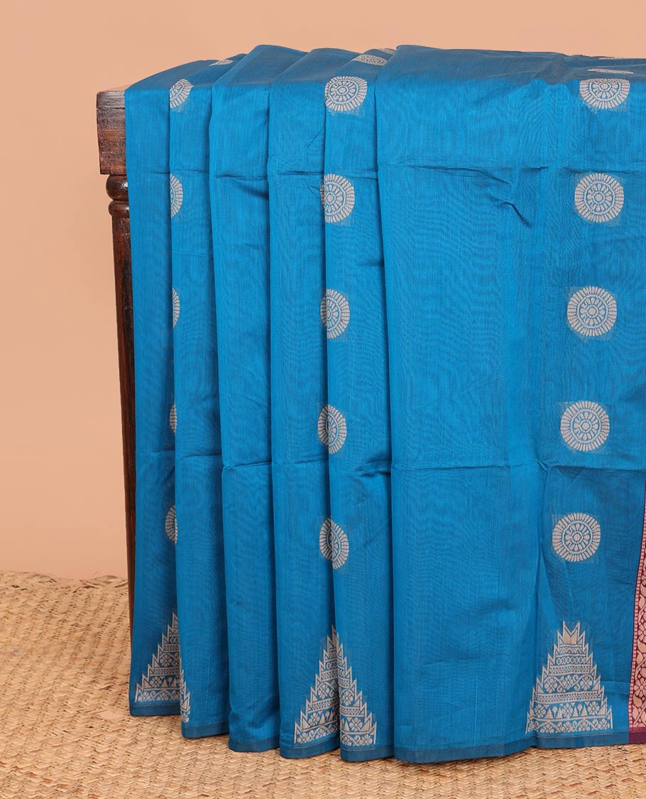 Borderless blue chakram, and temple buttas woven semi-silk cotton saree, contrast jaal pallu