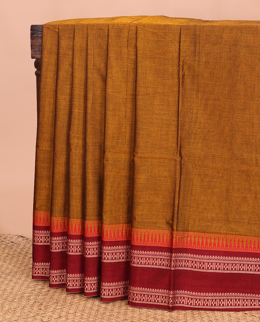 Mustard plain Narayanapet cotton saree, contrast temple rettai pettu traditional motifs woven border, and striped pallu