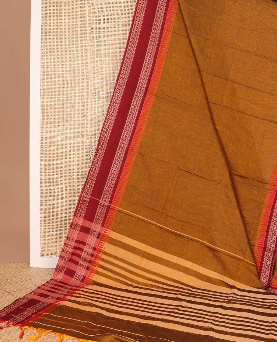 Mustard plain Narayanapet cotton saree, contrast temple rettai pettu traditional motifs woven border, and striped pallu