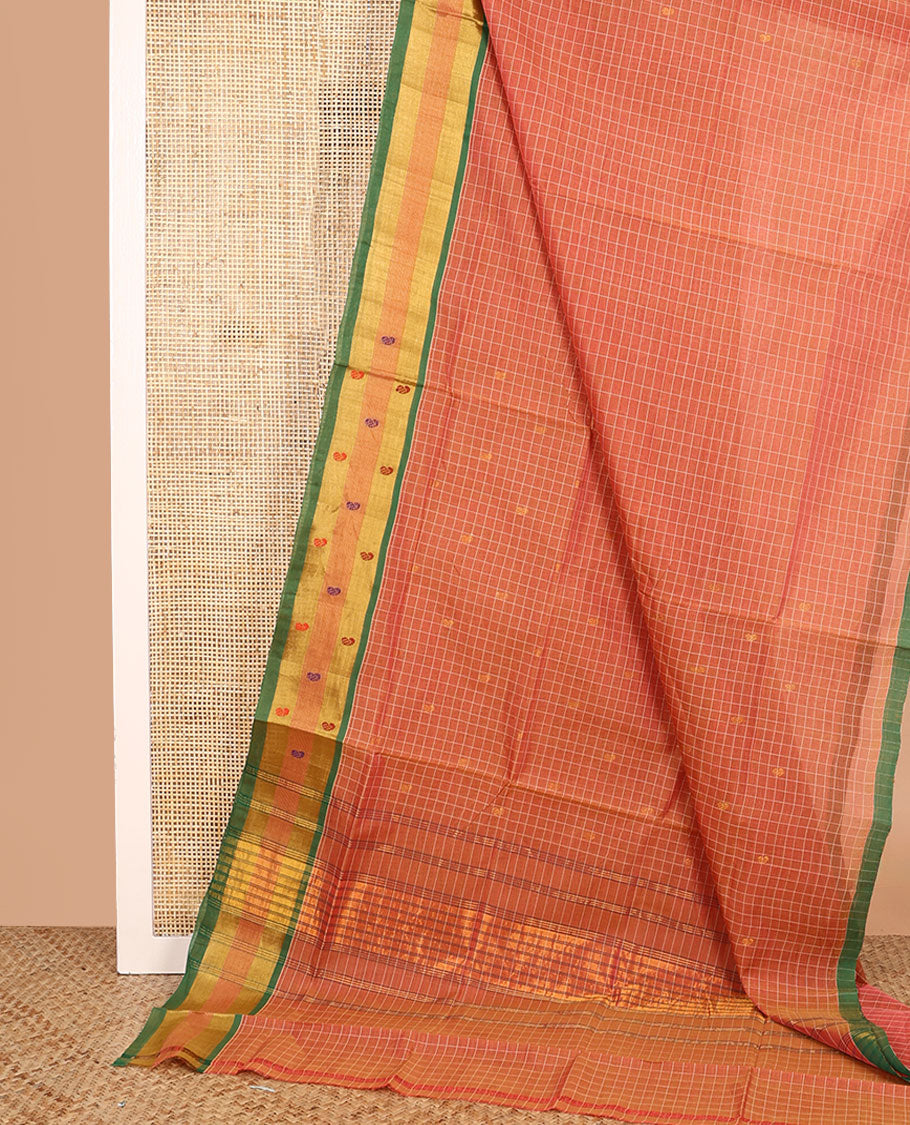 Orange zari checked and buttas Venkatagiri cotton saree, contrast zari and thread border, and striped pallu