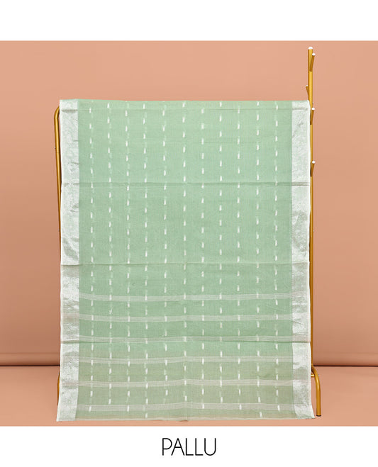Pale Green Bengal Cotton Saree, Showcasing Buttas All Over Its Body, Complemented by a Contrast Paisley Zari Design Border, Pallu of Stripes, and Paired with a Matching Blouse