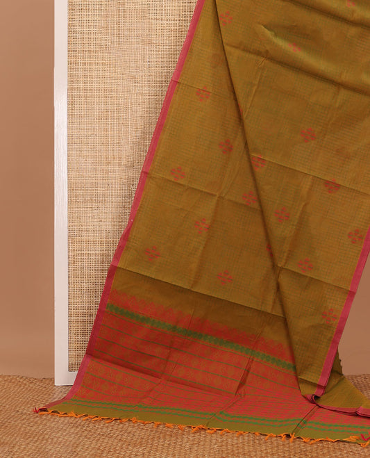 Green checks & buttas Coimbatore cotton saree, contrast plain border & pallu of intricate designs