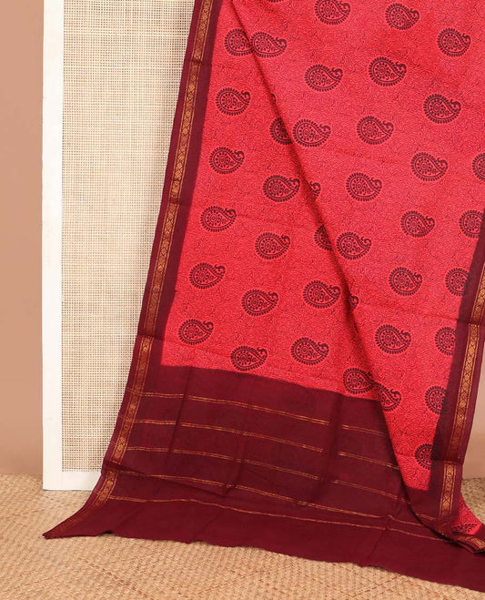 Pink paisleys printed Sungudi cotton saree, contrast zari border & zari striped pallu