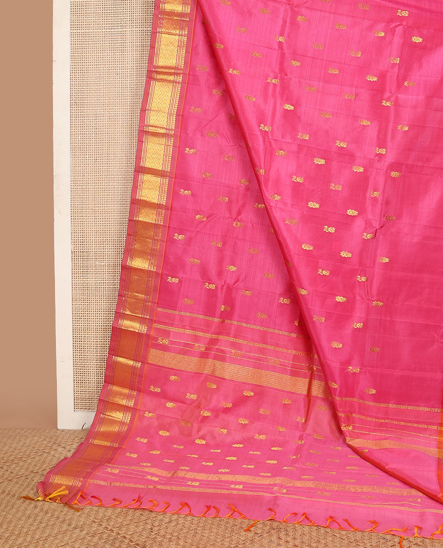 Pink zari buttas Kanchipuram silksaree, one-sided border of panner sombu,muthu,banaras & jaal & zari design pallu