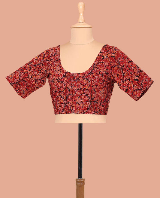 Red Cotton Readymade Blouse Spotlighted with All-Over Floral Vine Print, Featuring a Front Round Neck, Back Round Neck, and Elbow Sleeves