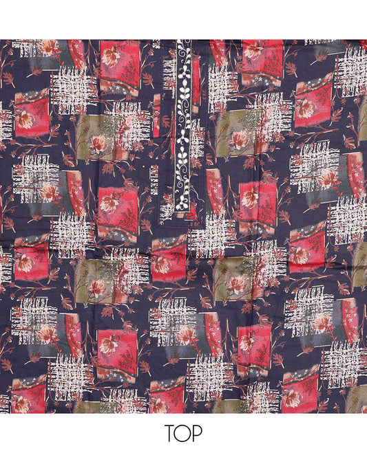 Blue cotton chudidhar material set, floral & geometric printed top, printed bottom & floral-theme printed dupatta