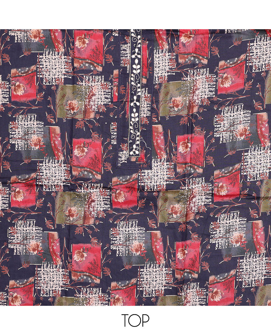 Blue cotton chudidhar material set, floral & geometric printed top, printed bottom & floral-theme printed dupatta