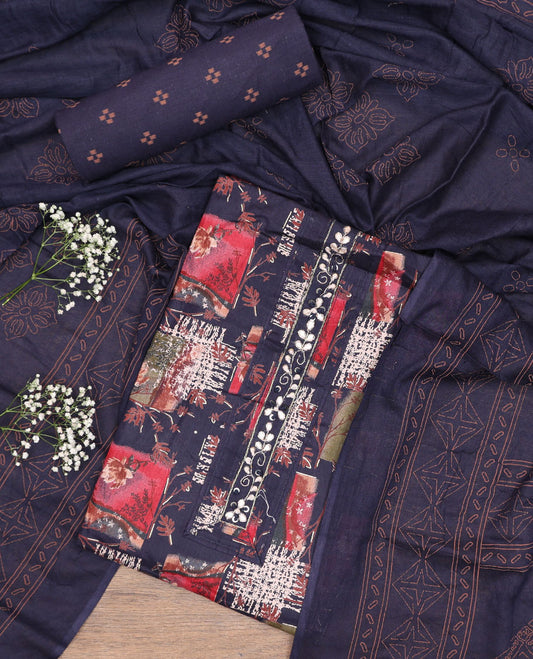 Blue cotton chudidhar material set, floral & geometric printed top, printed bottom & floral-theme printed dupatta