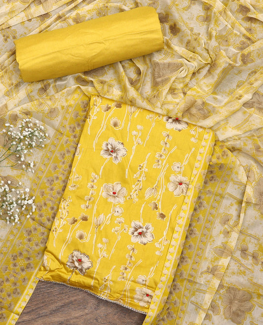 Yellow material chudidar set, floral motifs printed top, plain bottom, and floral printed dupatta
