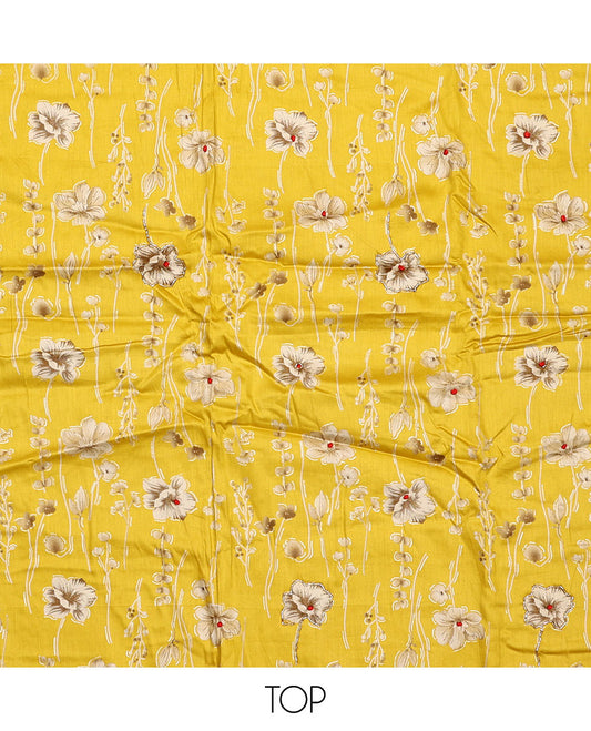 Yellow material chudidar set, floral motifs printed top, plain bottom, and floral printed dupatta
