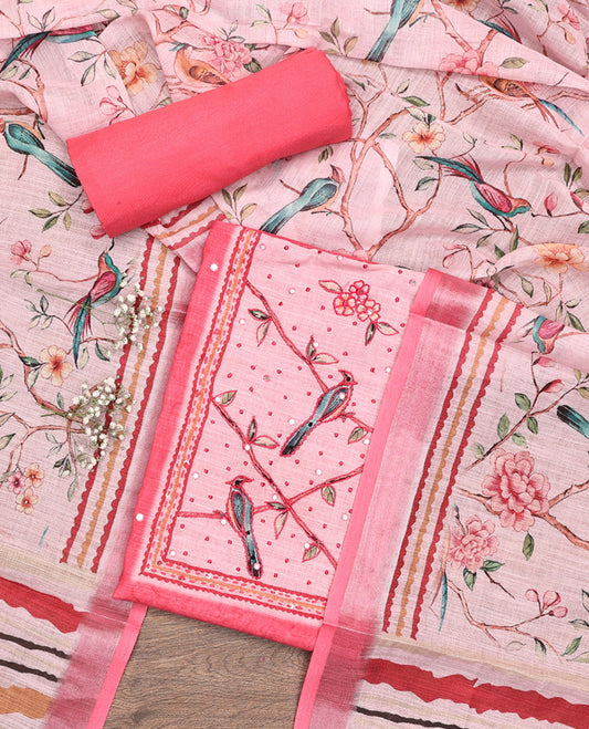 Pink  Material Chudidar Set, Artfully Detailed with Mirror Work and Floral-Bird Print and Embroidered Neck Work Lilan Cotton Top, a Plain Rayon Bottom, and Paired with a Contrast Floral-Bird-Printed Lilan Cotton Dupatta