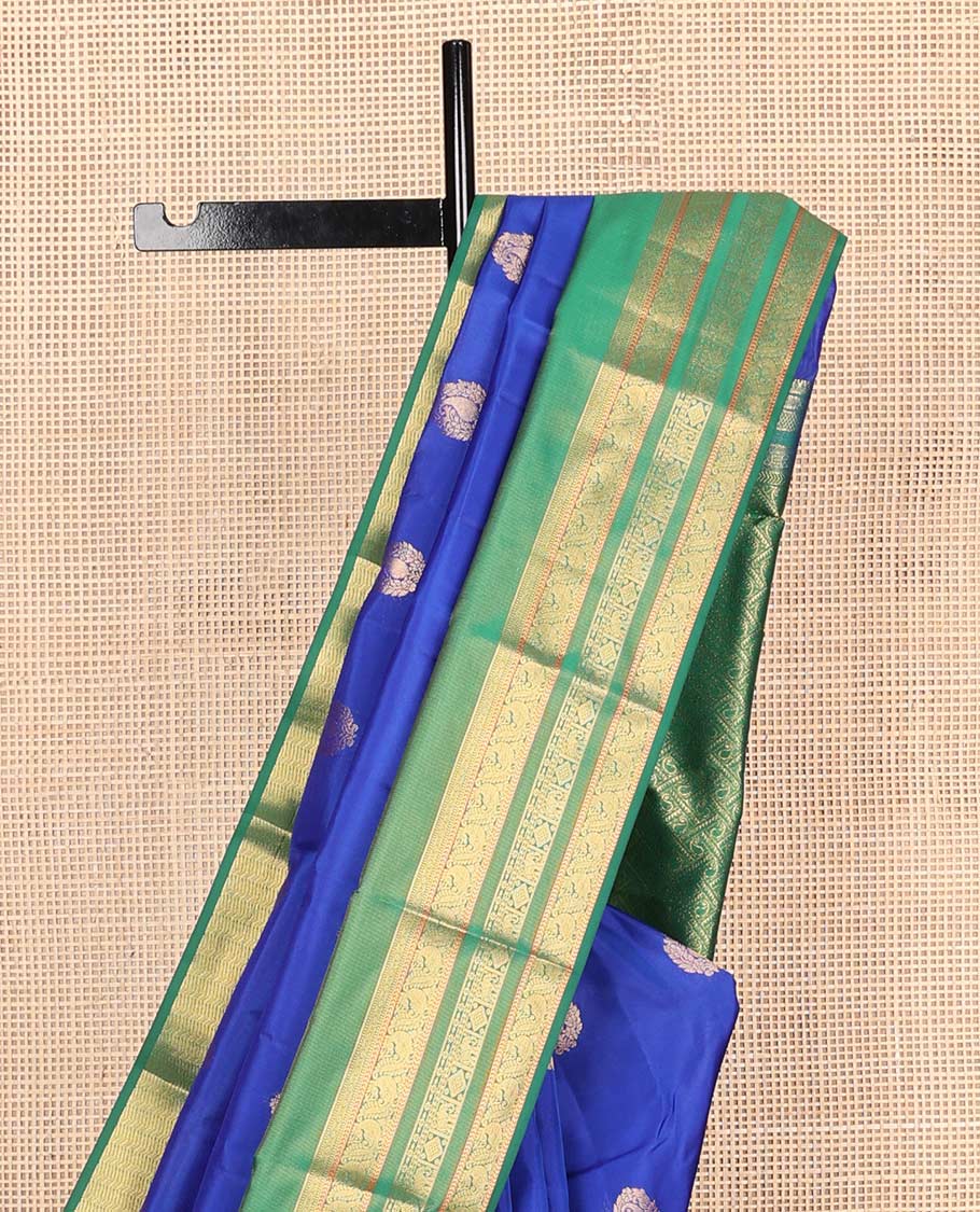 Blue zari buttas Vasundhara silk mix saree, contrast rettai pettu traditional zari design border & jaal pallu